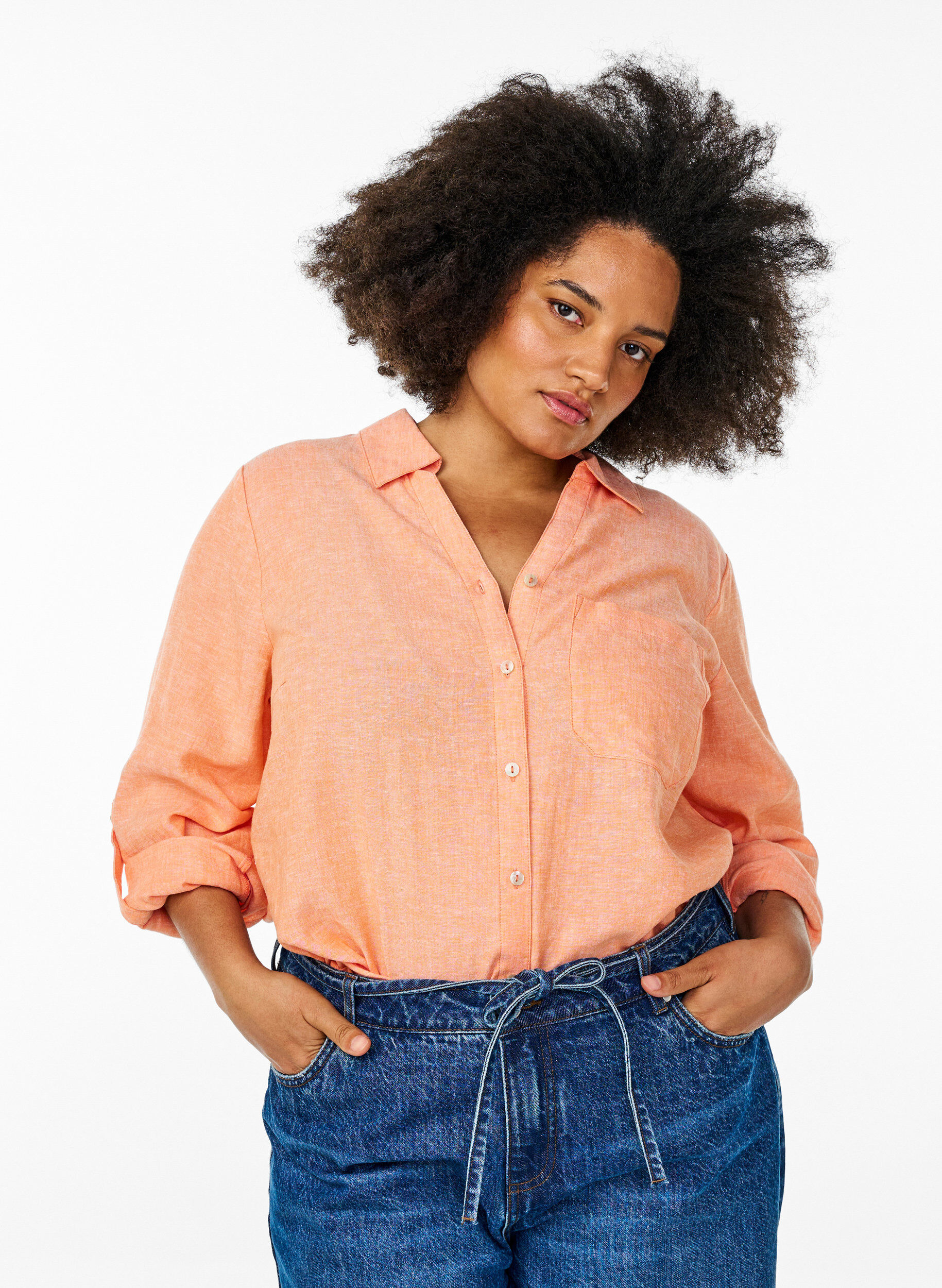 Bluse aus Leinen und Viskose mit 3/4-&Auml;rmeln, Orange, Model