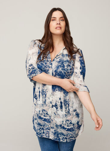 Bedruckte Bluse mit Puffärmeln, Twilight Blue AOP, Model image number 0