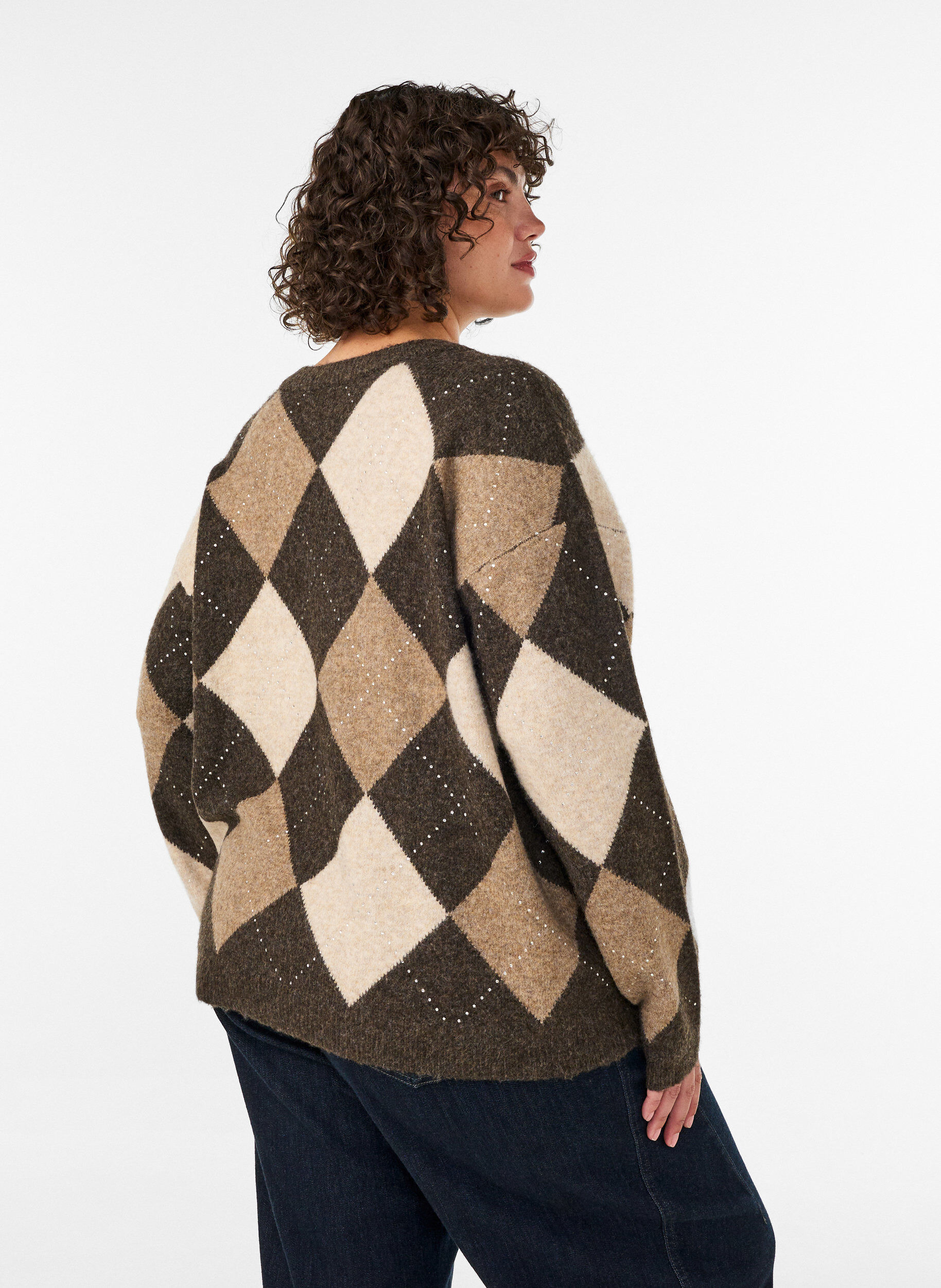 ZizziStricktop mit Argyle-Muster und Strasssteinen, Braun, Model image number 2