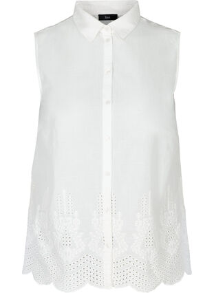 Ärmellose Hemdbluse aus Baumwolle mit Lochstickerei, Bright White, Packshot image number 0