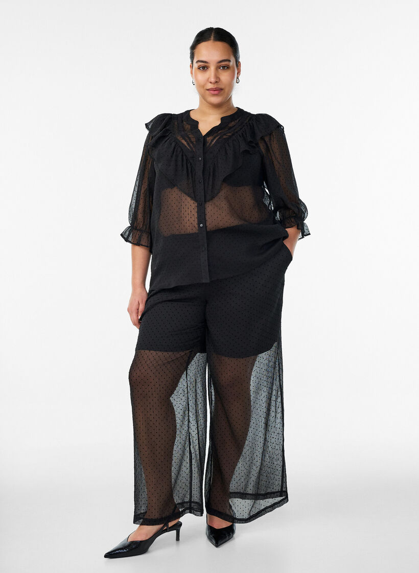 Lockere Hose aus Chiffon mit Punkten, Schwarz, Model