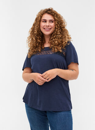 T-Shirt aus Baumwolle mit Spitze, Blue Nights, Model image number 0