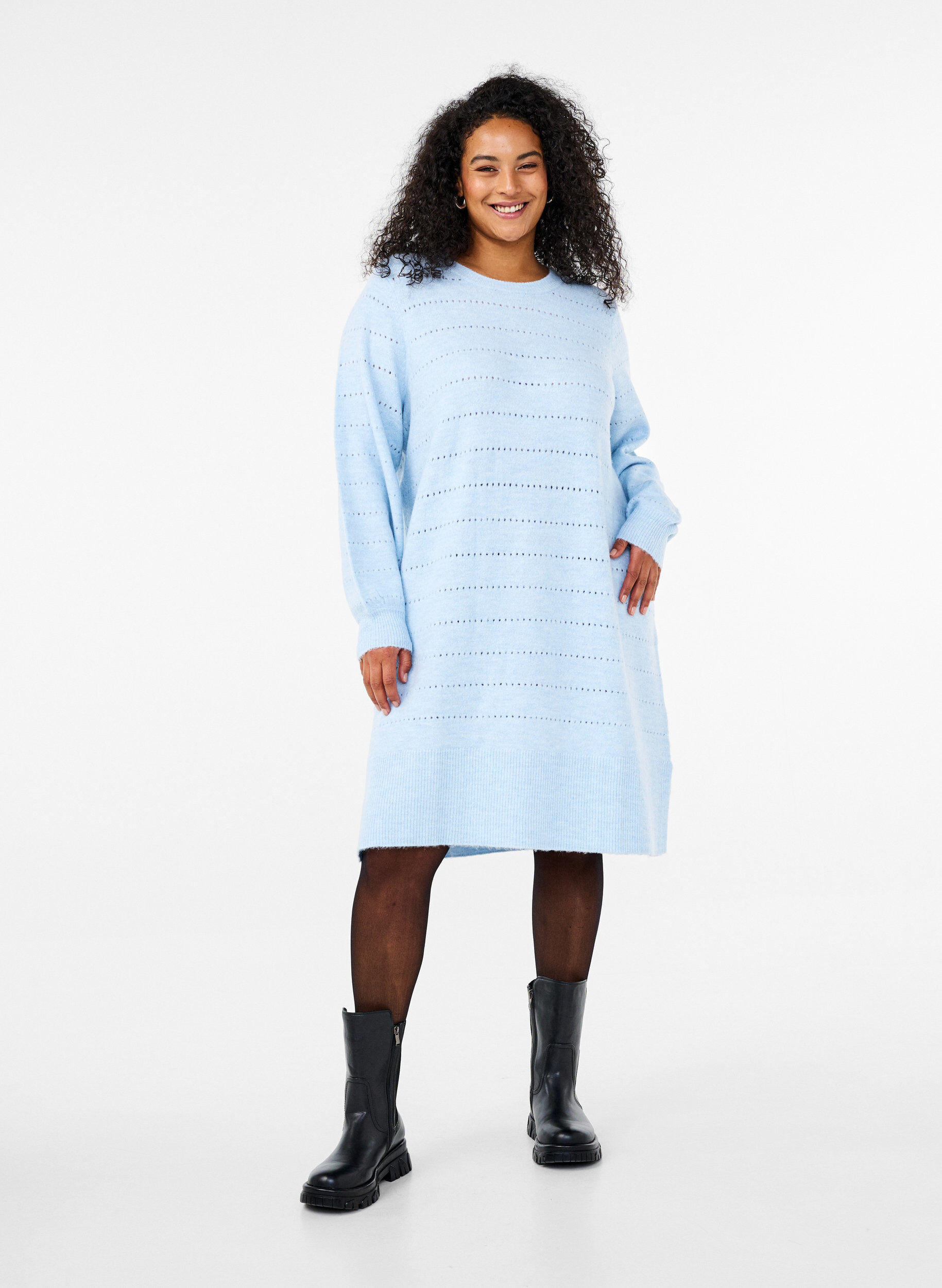 ZizziStrickkleid mit Schlitzen und Lochmuster, Cashmere Blue Mel., Model image number 2