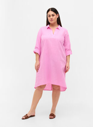 Gestreiftes Kleid aus Baumwolle und Leinen, Begonia Pink, Model image number 2