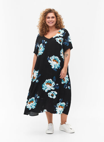 Blumiges Kleid mit kurzen Ärmeln aus Viskose, Black Big Flower, Model image number 0