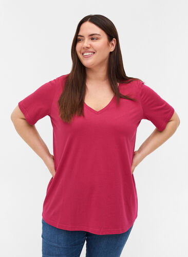T-Shirt aus Bio-Baumwolle mit V-Ausschnitt, Sangria, Model image number 0