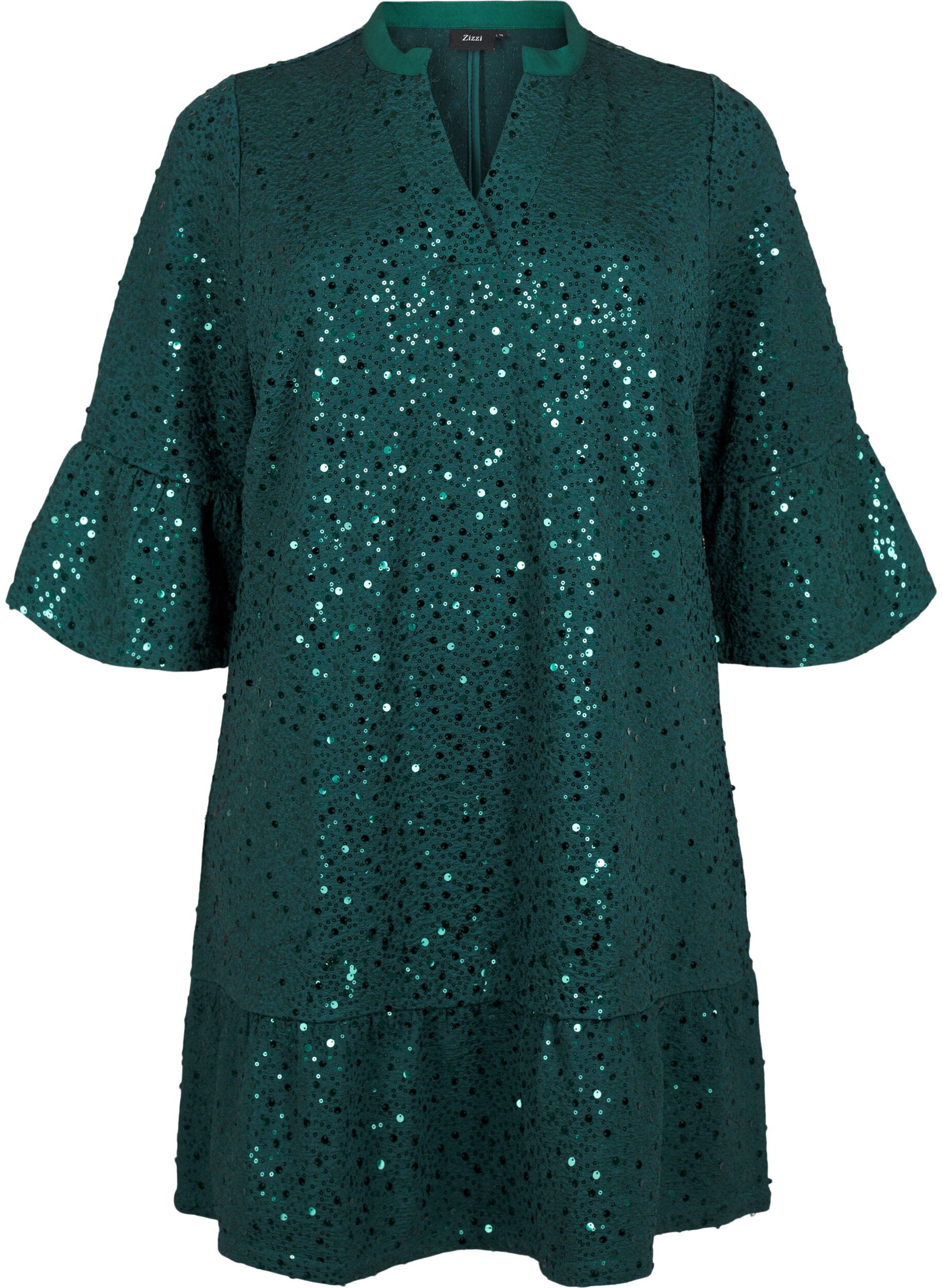 ZizziPaillettenkleid mit V-Ausschnitt und 3/4-&Auml;rmeln, Rain Forest, Packshot image number 0