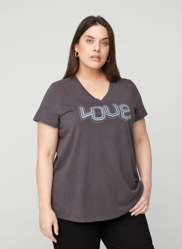 Kurzarm T-Shirt aus Baumwolle mit V-Ausschnitt, Black Acid, Model image number 0