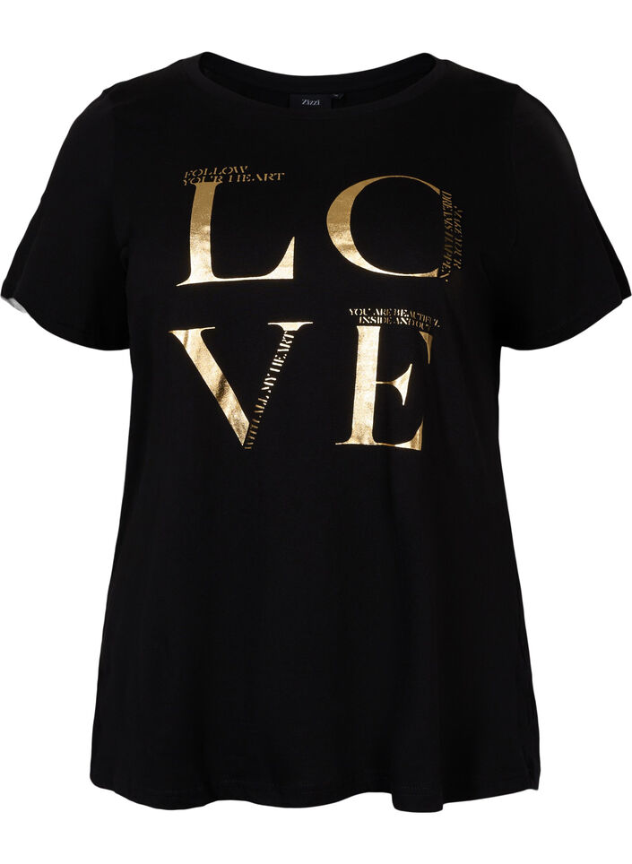 Kurzärmeliges Baumwoll-T-Shirt mit Print, Black Love, Packshot image number 0
