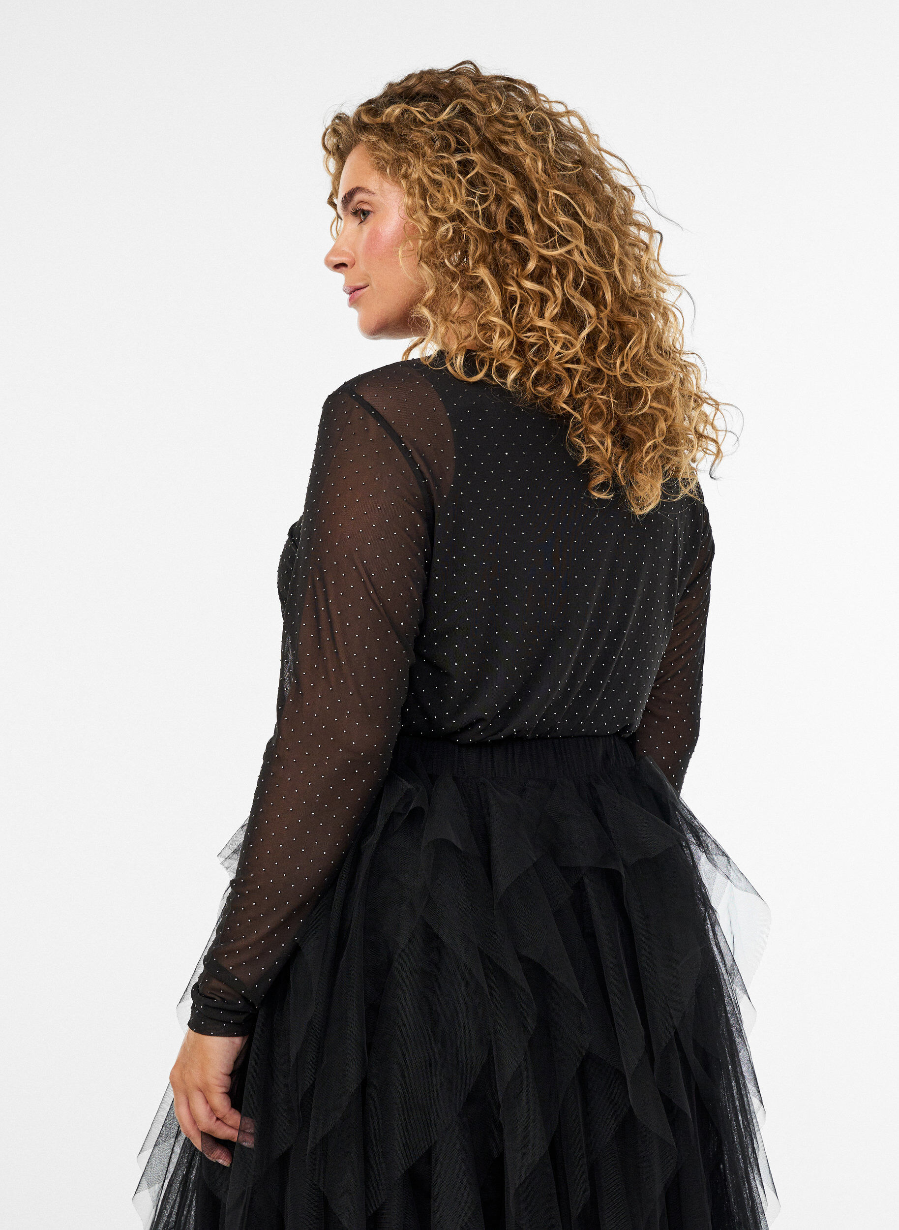 ZizziTransparente Bluse aus Mesh mit Strasssteinen, Schwarz, Model image number 2