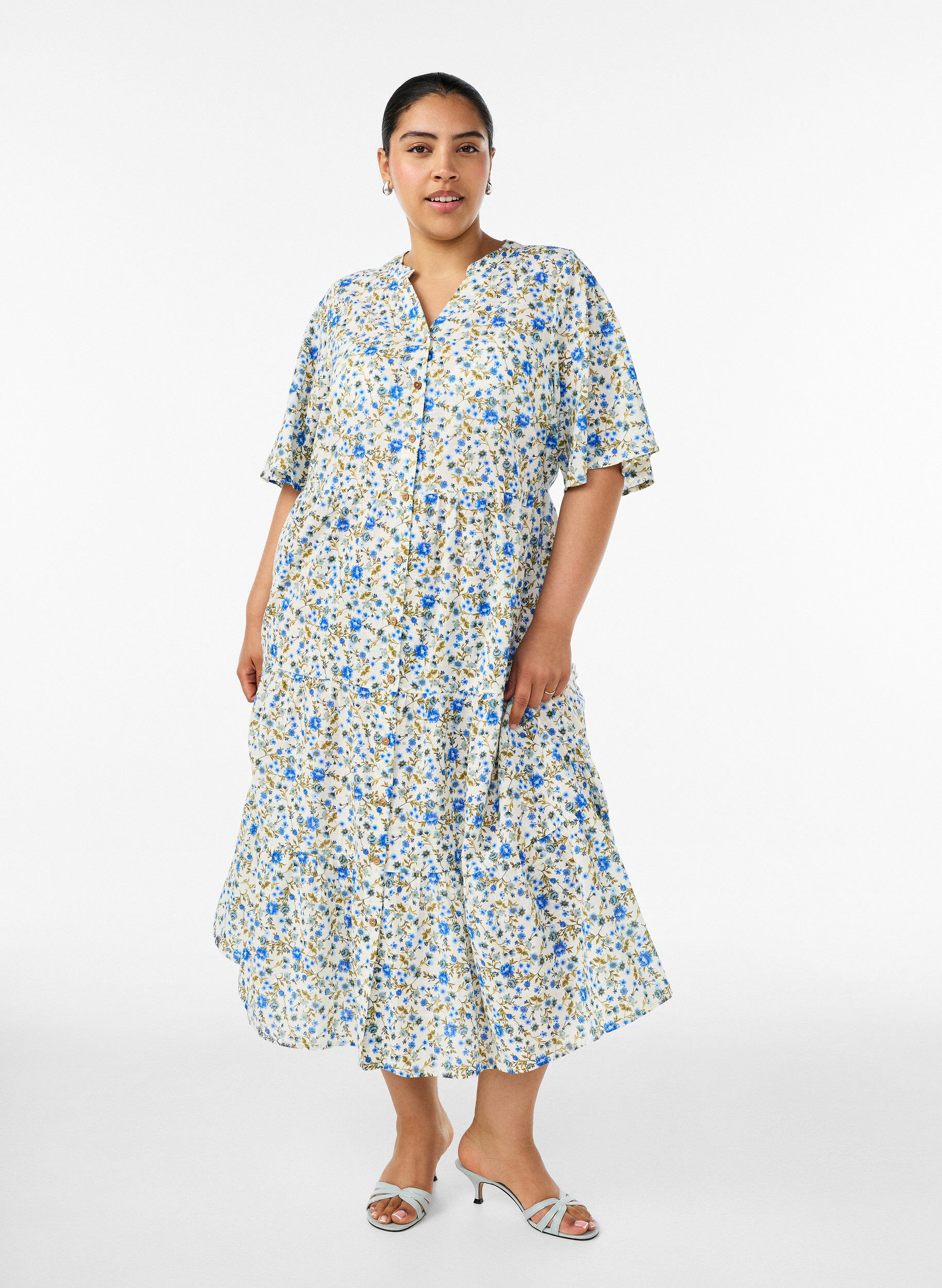 Baumwoll-Midikleid mit Blumenprint, Blau, Model
