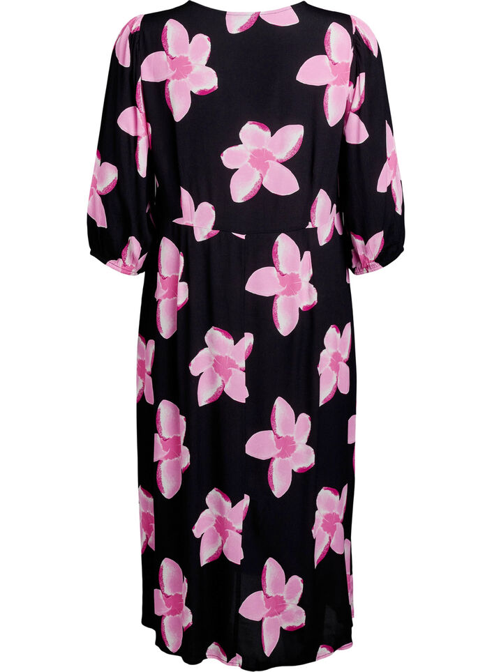 Midikleid mit gebl&uuml;mtem Print und 3/4-&Auml;rmeln, Schwarz, Packshot image number 1