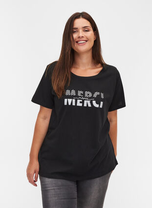T-Shirt aus Bio-Baumwolle mit Print, Black Merci, Model image number 0