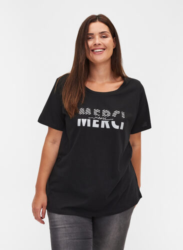 T-Shirt aus Bio-Baumwolle mit Print, Black Merci, Model image number 0