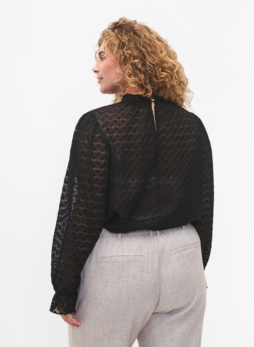 Langärmelige Bluse mit gemusterter Textur, Black, Model image number 1