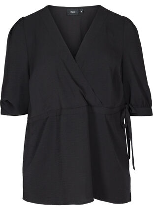Bluse mit 3/4-Puffärmeln und Bindeband an der Taille, Black, Packshot image number 0