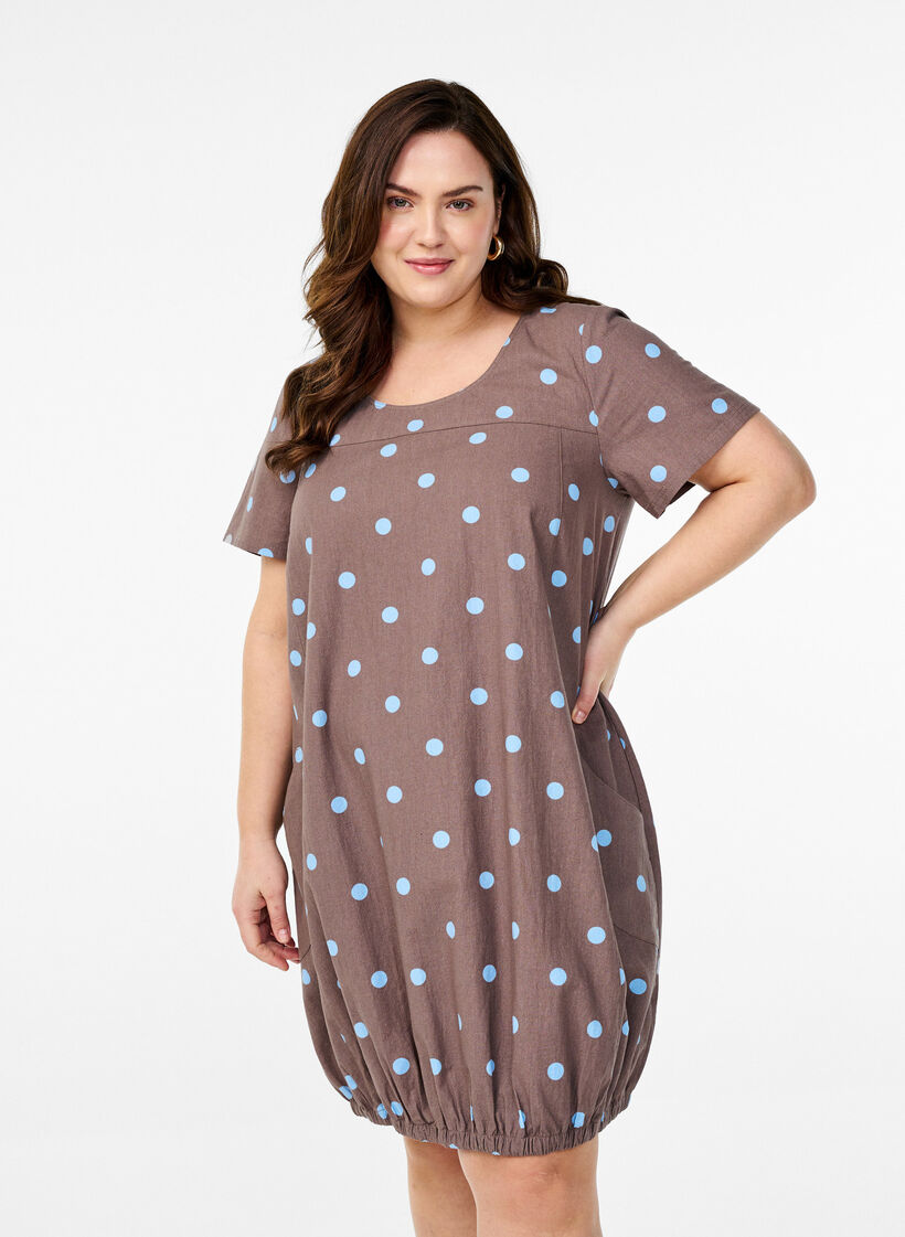 Kurz&auml;rmliges Baumwollkleid mit Aufdruck, Blau, Model image number 0