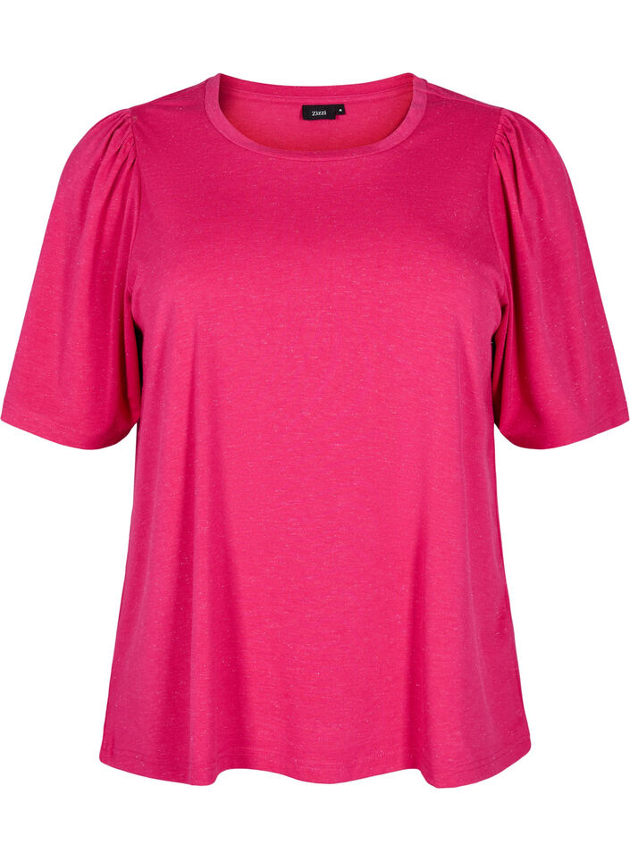 T-Shirt mit Glitzer und kurzen Puffärmeln, Pink, Packshot image number 0