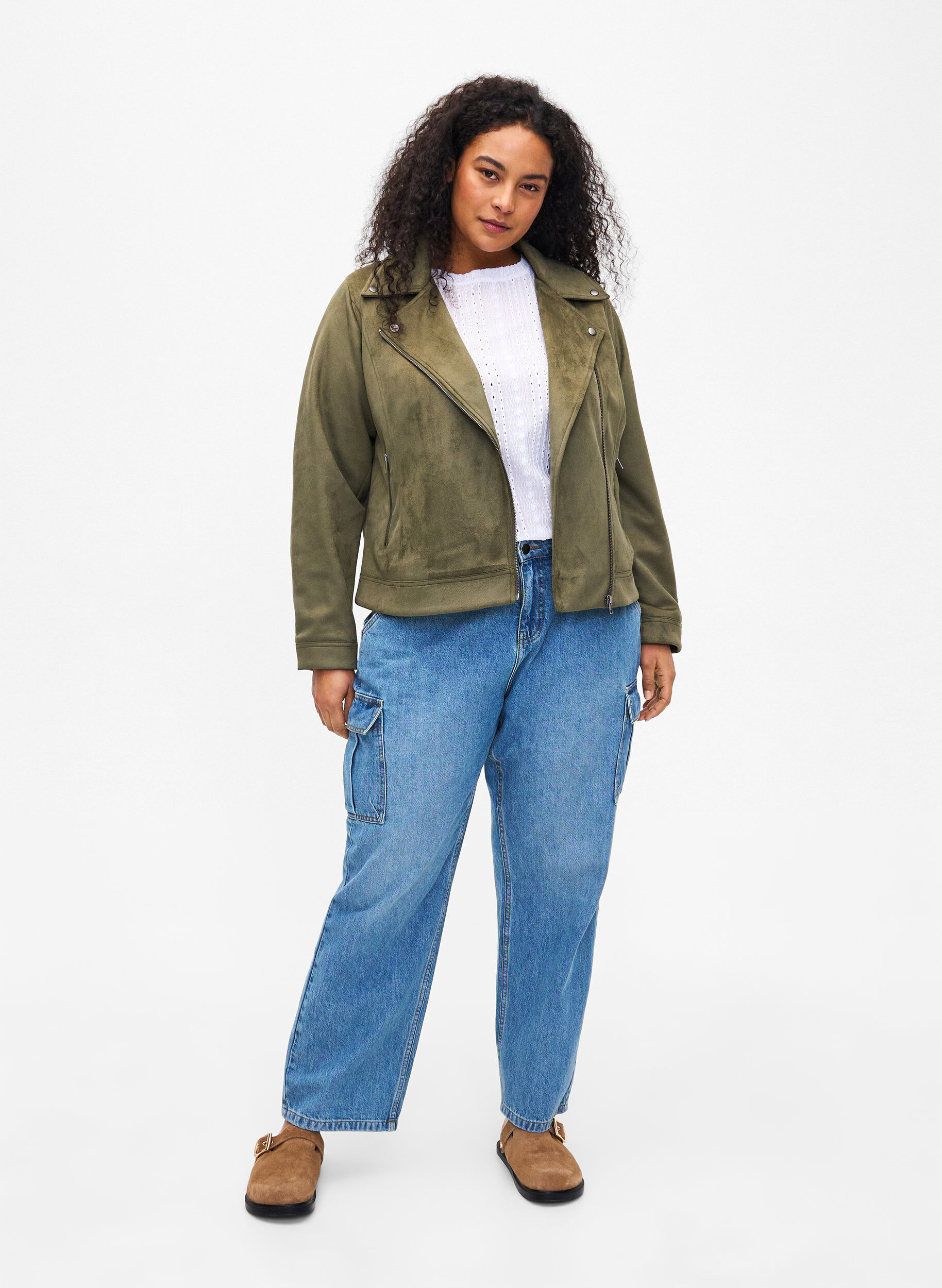 ZizziBikerjacke aus Wildlederimitat, Dusty Olive, Model image number 2