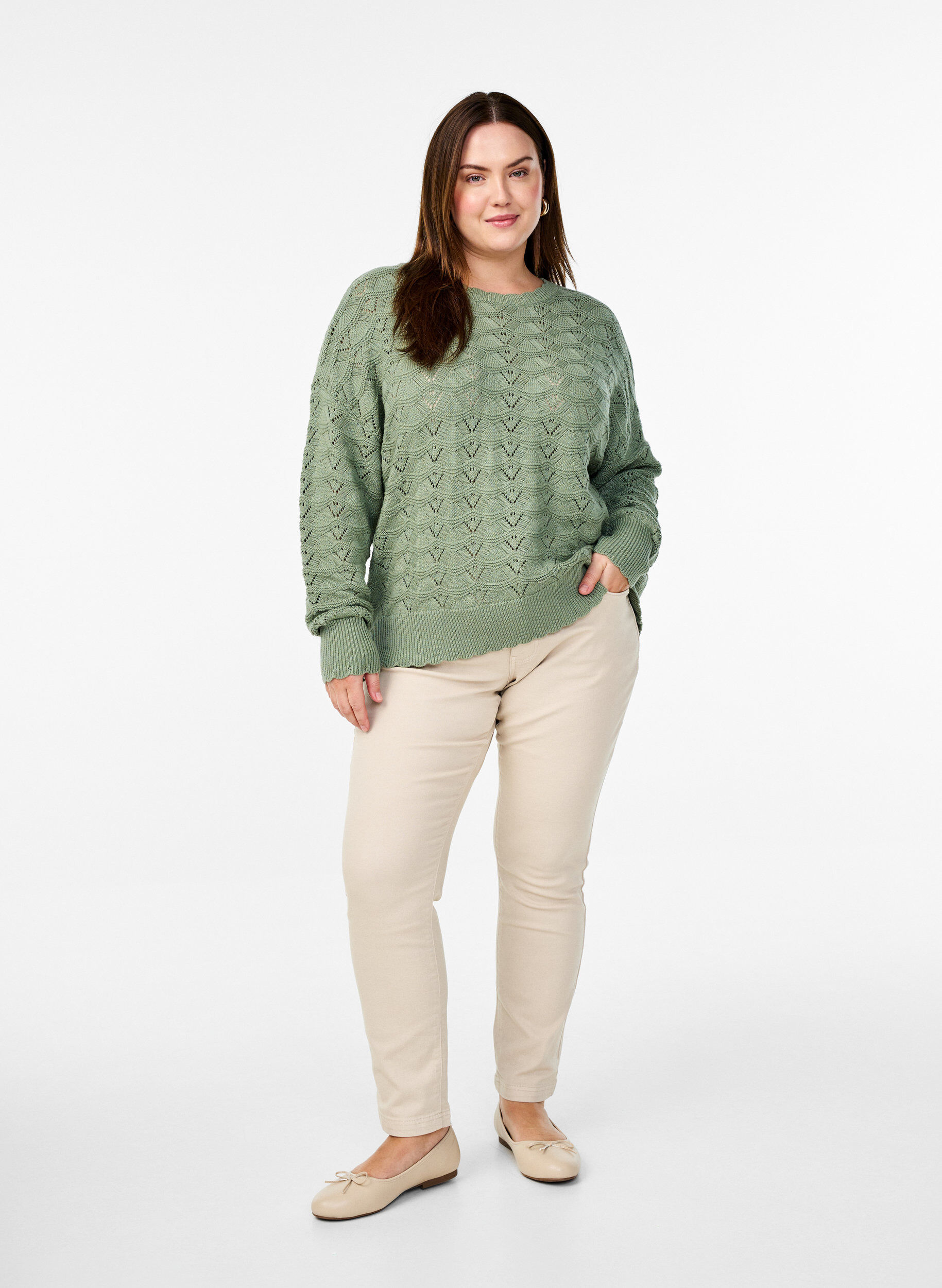 ZizziStrickbluse mit Lochmuster und langen &Auml;rmeln, Green Bay, Model image number 2