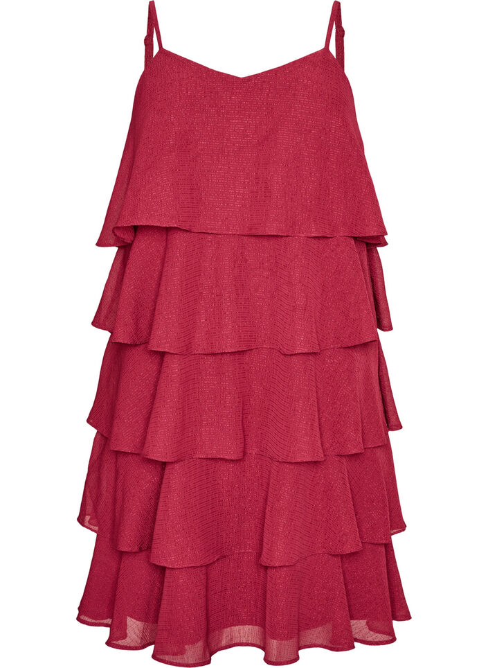Lagenkleid mit R&uuml;schen und Spaghettitr&auml;gern, Rot, Packshot image number 0