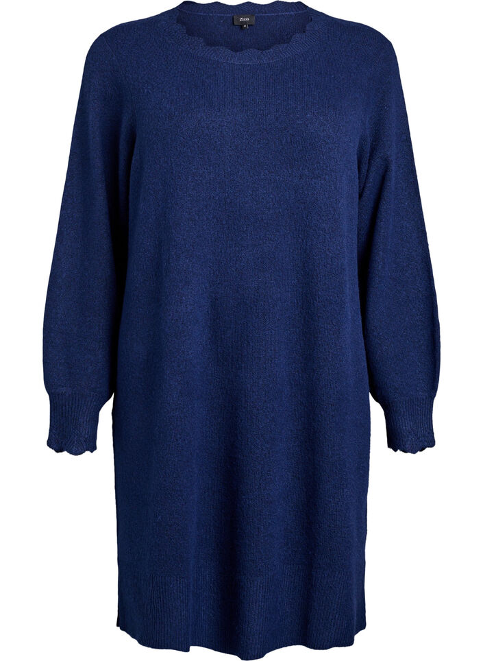 Gestricktes Minikleid mit gewelltem Saum und Schlitzen, Blau, Packshot image number 0