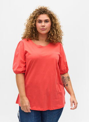 T-Shirt aus Baumwolle mit Ärmeln in Ellbogenlänge, Hot Coral, Model image number 0