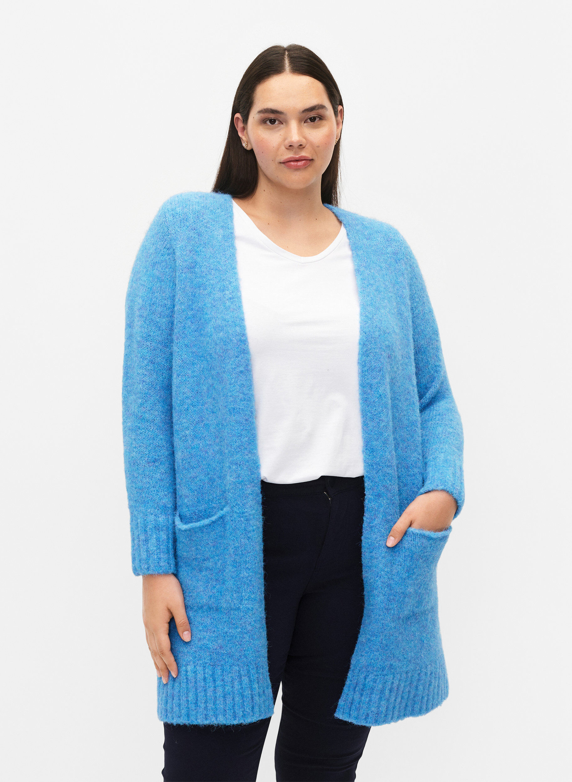 ZizziLange Strickjacke mit Wolle und Taschen, French Blue, Model image number 0