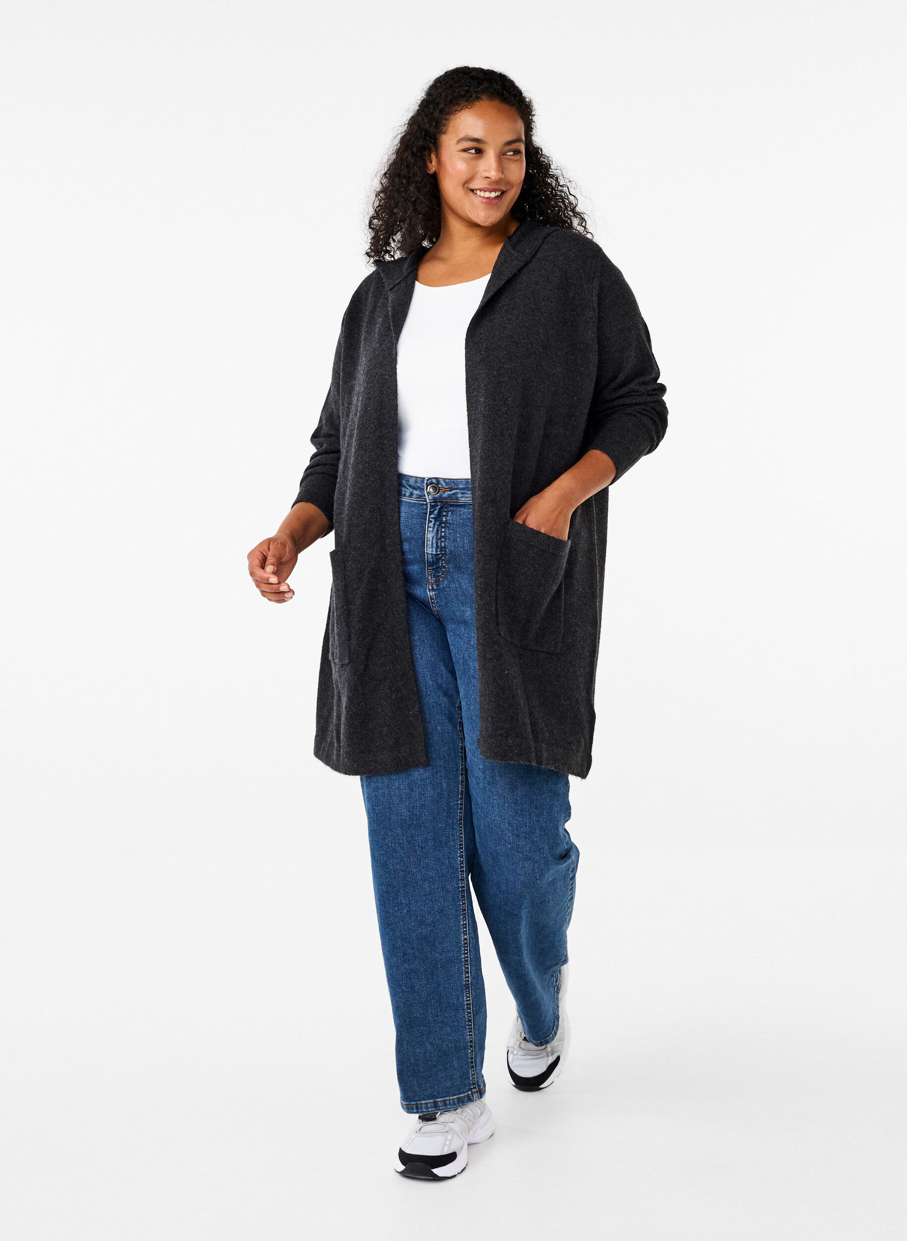 ZizziLanger Strickcardigan aus Wolle mit Kapuze, Dark Grey Melange, Model image number 2