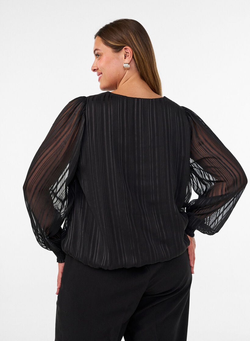 Gestreifte Bluse in Ballonform, Schwarz, Model image number 2