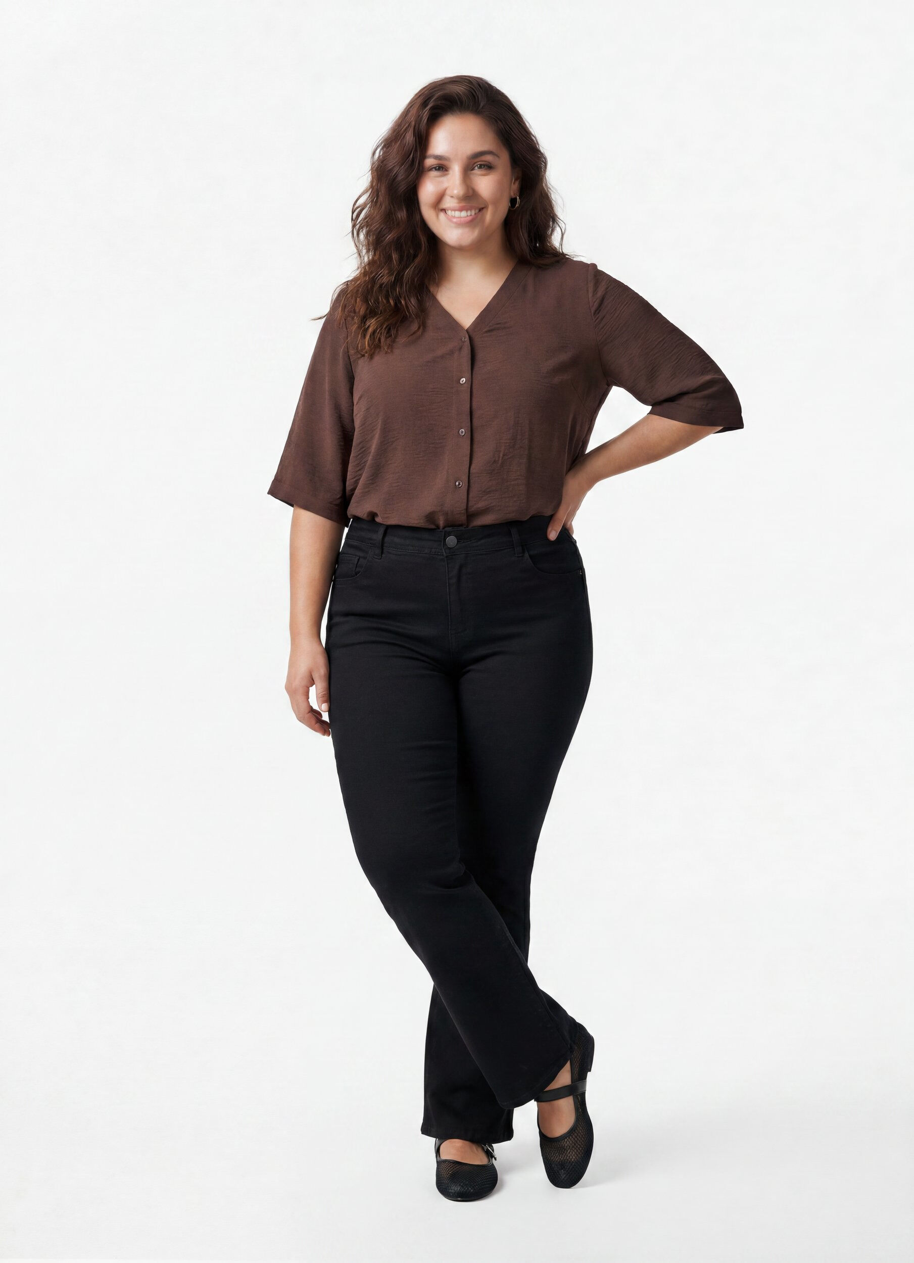 ZizziBluse mit V-Ausschnitt und 3/4-&Auml;rmeln, Braun, Model image number 1
