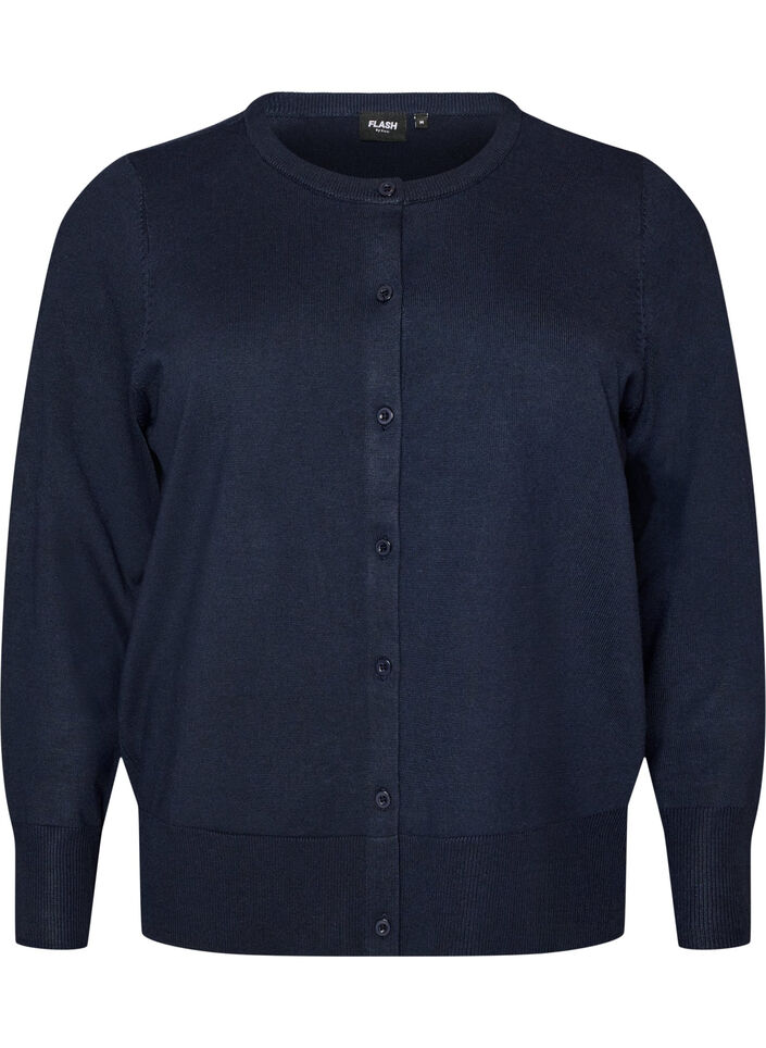 Feinstrick-Strickjacke mit Rundhalsausschnitt, Blau, Packshot image number 0