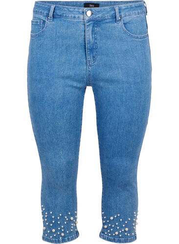 Hochtaillierte Capri-Jeans mit Perlen, Light blue denim, Packshot image number 0