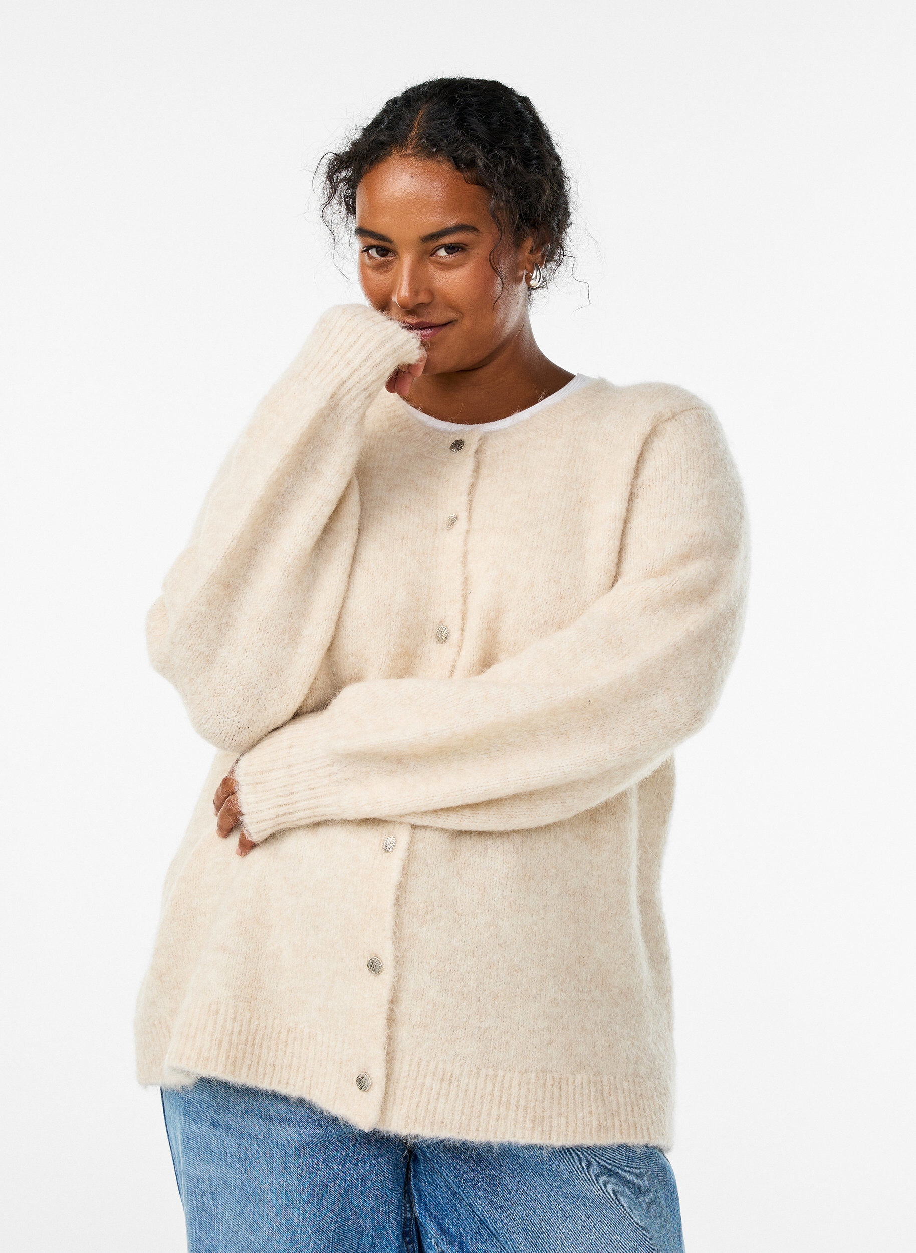 Cardigan aus Wolle und Alpaka mit Zierkn&ouml;pfen, Beige, Model