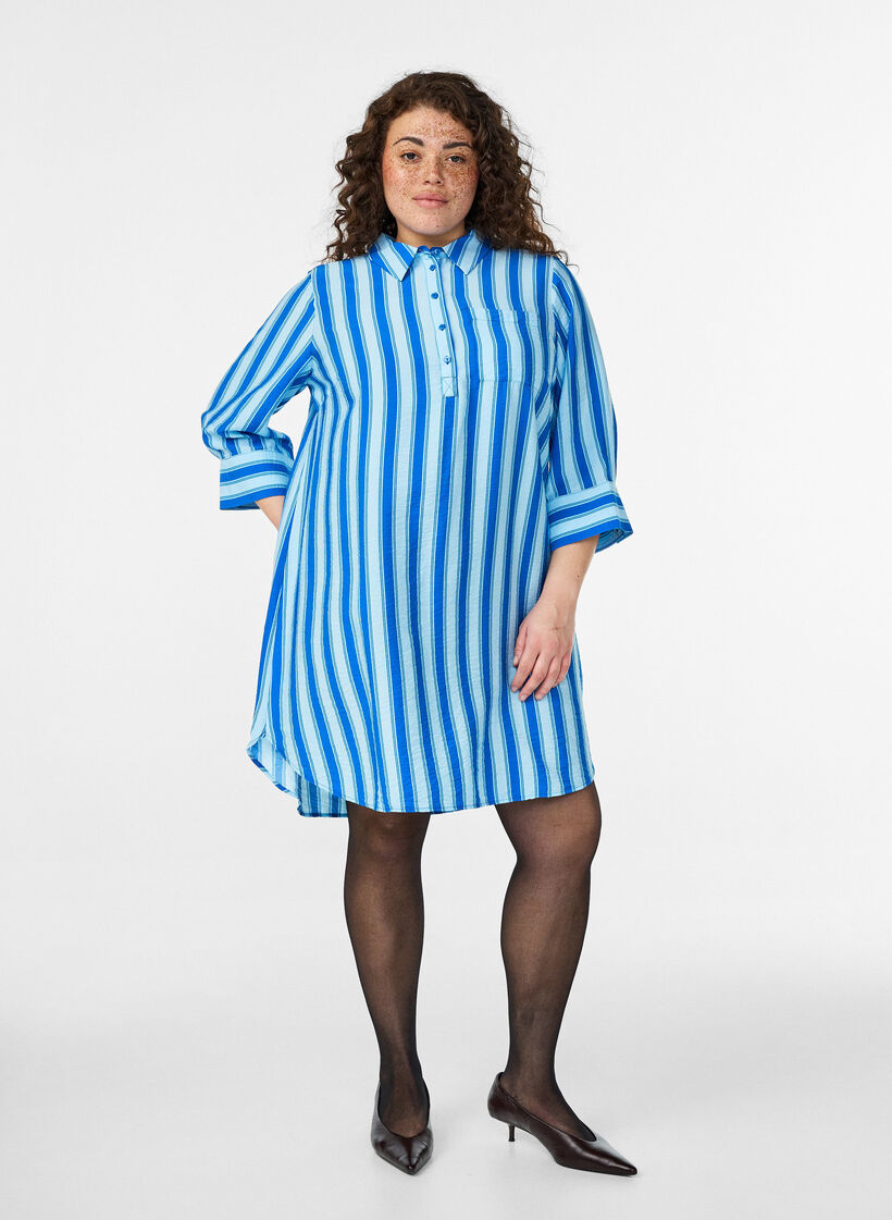 Kleid mit Kragen und Brusttasche, Blau, Model image number 1