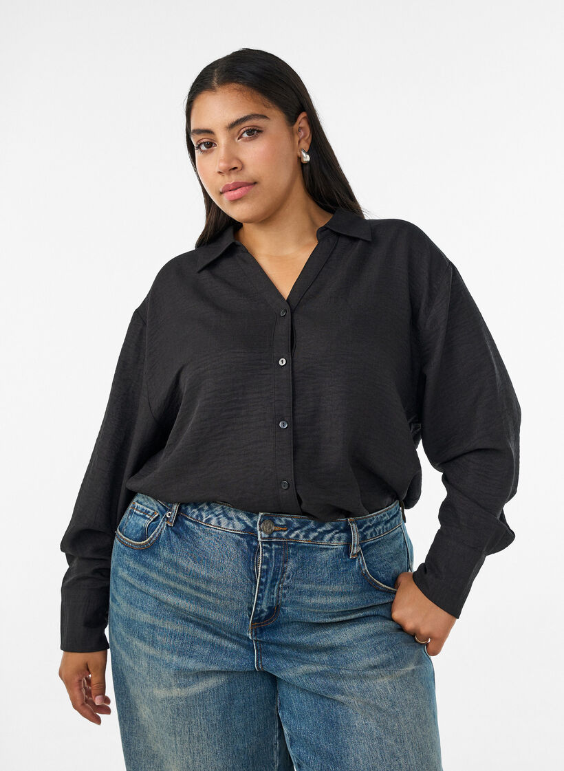 Lockere Bluse mit V-Ausschnitt, Schwarz, Model image number 0