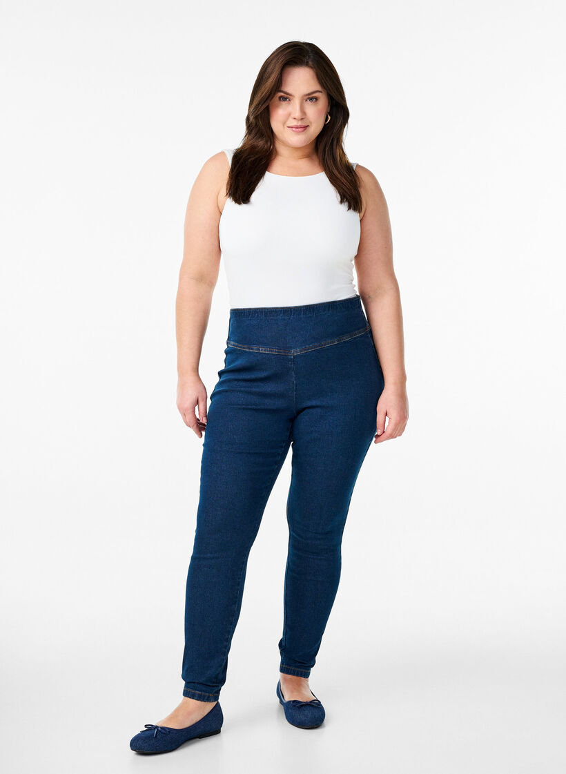Elastische Jeggings mit hoher Taille, Blau, Model image number 0