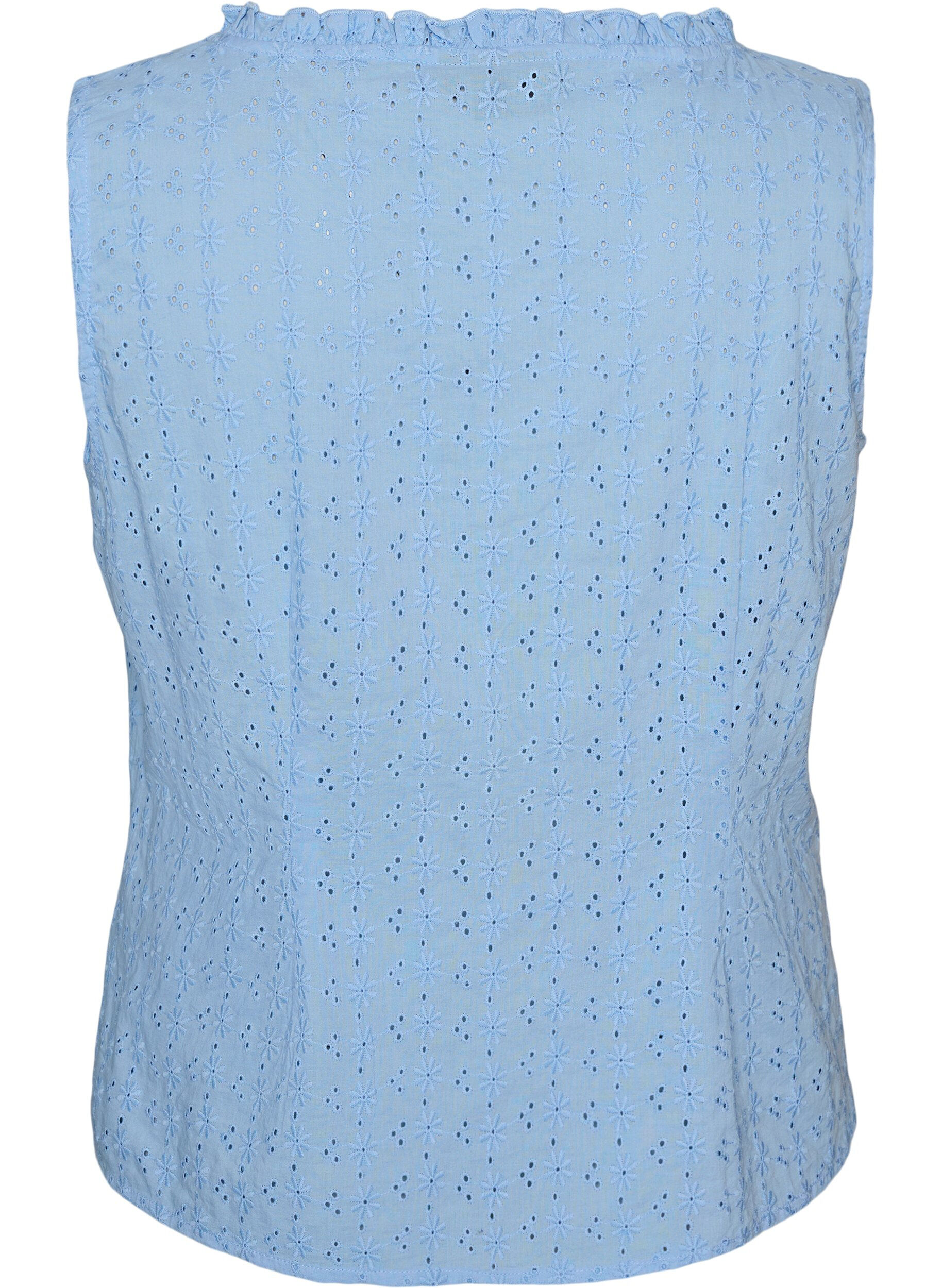 Zizzi&Auml;rmellose Bluse mit Lochstickerei und R&uuml;schen, Blau, Packshot image number 1