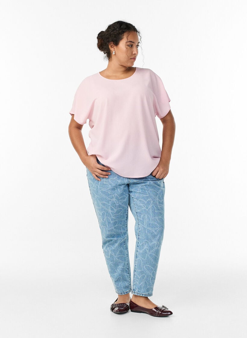 Bluse mit kurzen &Auml;rmeln und Rundhalsausschnitt, Pink, Model image number 1