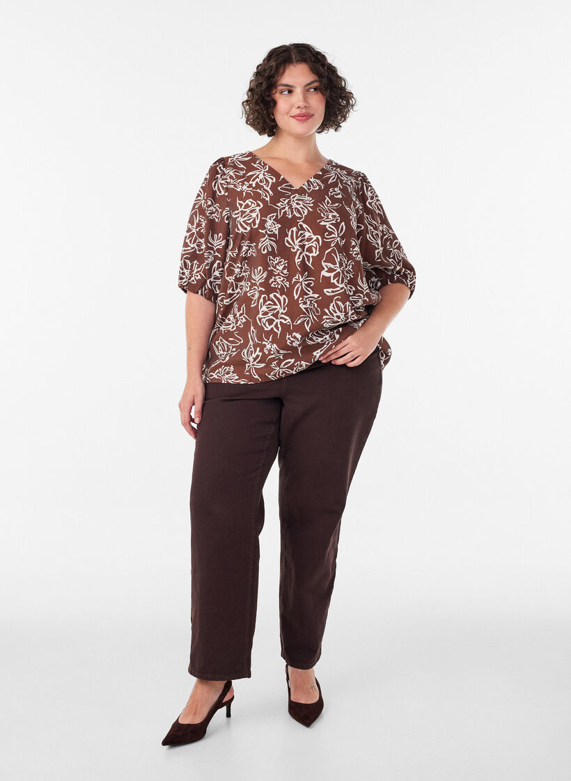 Bluse aus Viskose mit V-Ausschnitt, Braun, Model image number 1