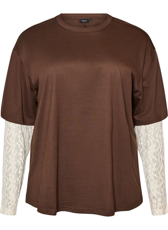 Lockeres T-Shirt mit langen Spitzen&auml;rmeln, Braun, Packshot image number 0