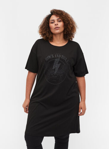 T-Shirt-Kleid aus Baumwolle mit Printdetails, Black w. Black, Model image number 0