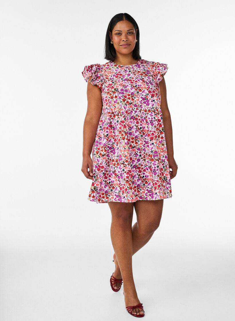 Gebl&uuml;mtes Kleid aus Baumwolle mit R&uuml;schen und V-Ausschnitt, Pink, Model image number 1