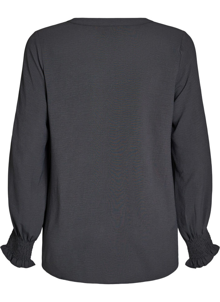 Bluse mit Smockb&uuml;ndchen und V-Ausschnitt, Grau, Packshot image number 1