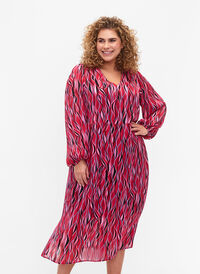 Langärmliges Midi-Kleid mit Druck, Fuchsia Pink AOP, Model