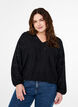 Langärmelige Bluse mit V-Ausschnitt und Lochmuster, Black, Model image number 0
