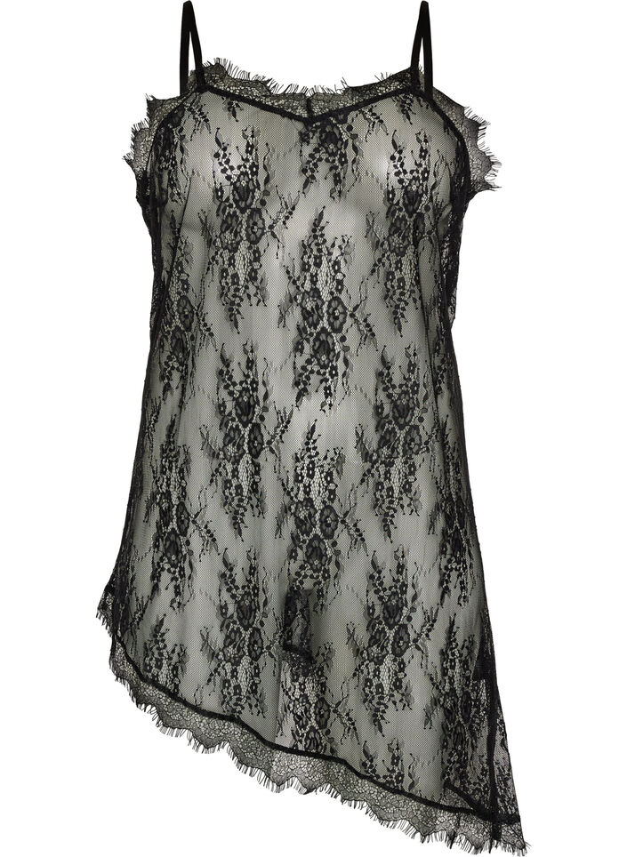 Spitzenkleid mit asymmetrischem Schnitt, Schwarz, Packshot image number 0