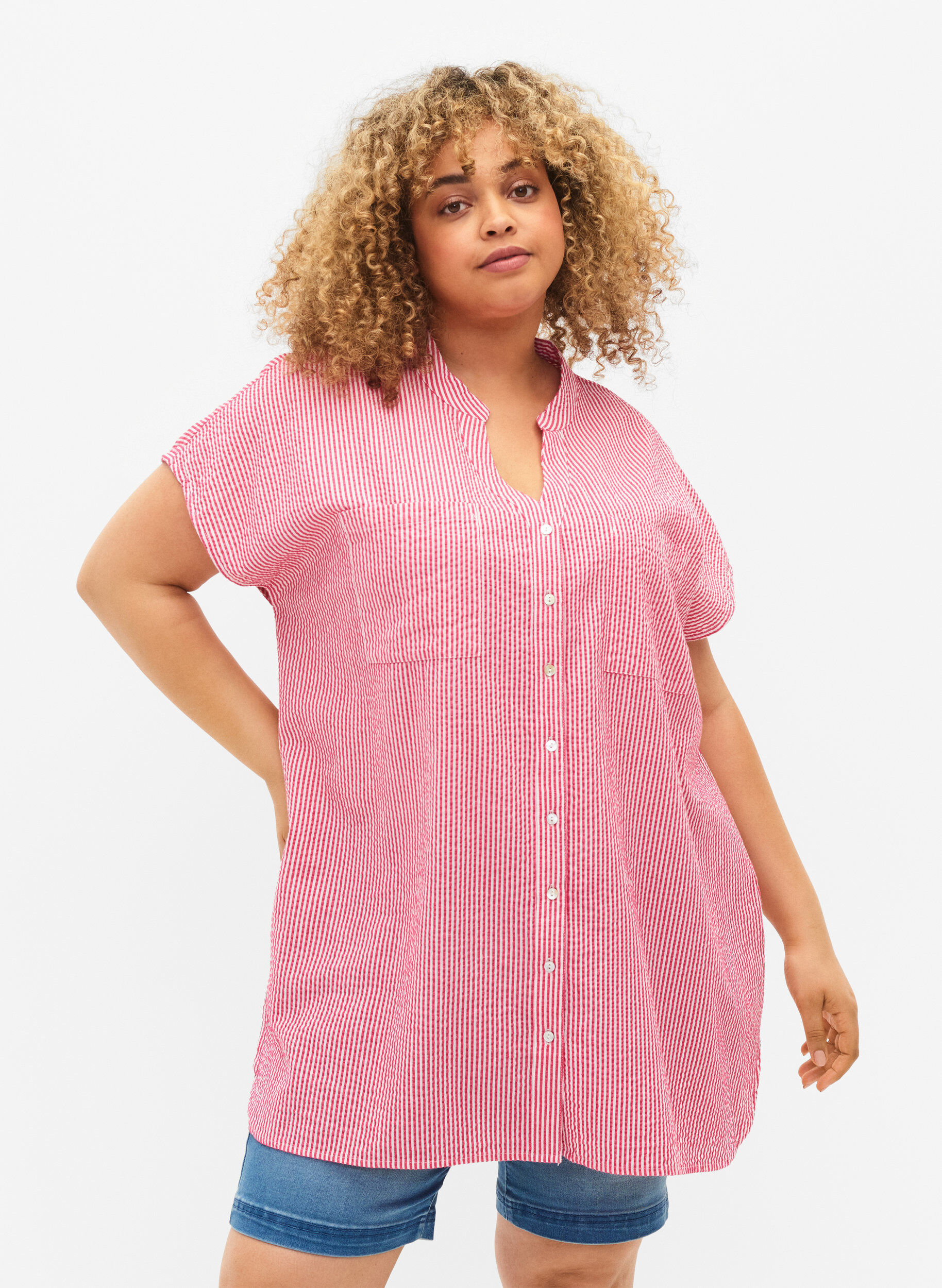 ZizziKurz&auml;rmeliges Baumwollhemd mit Streifen, Beetroot P. Stripe, Model image number 0
