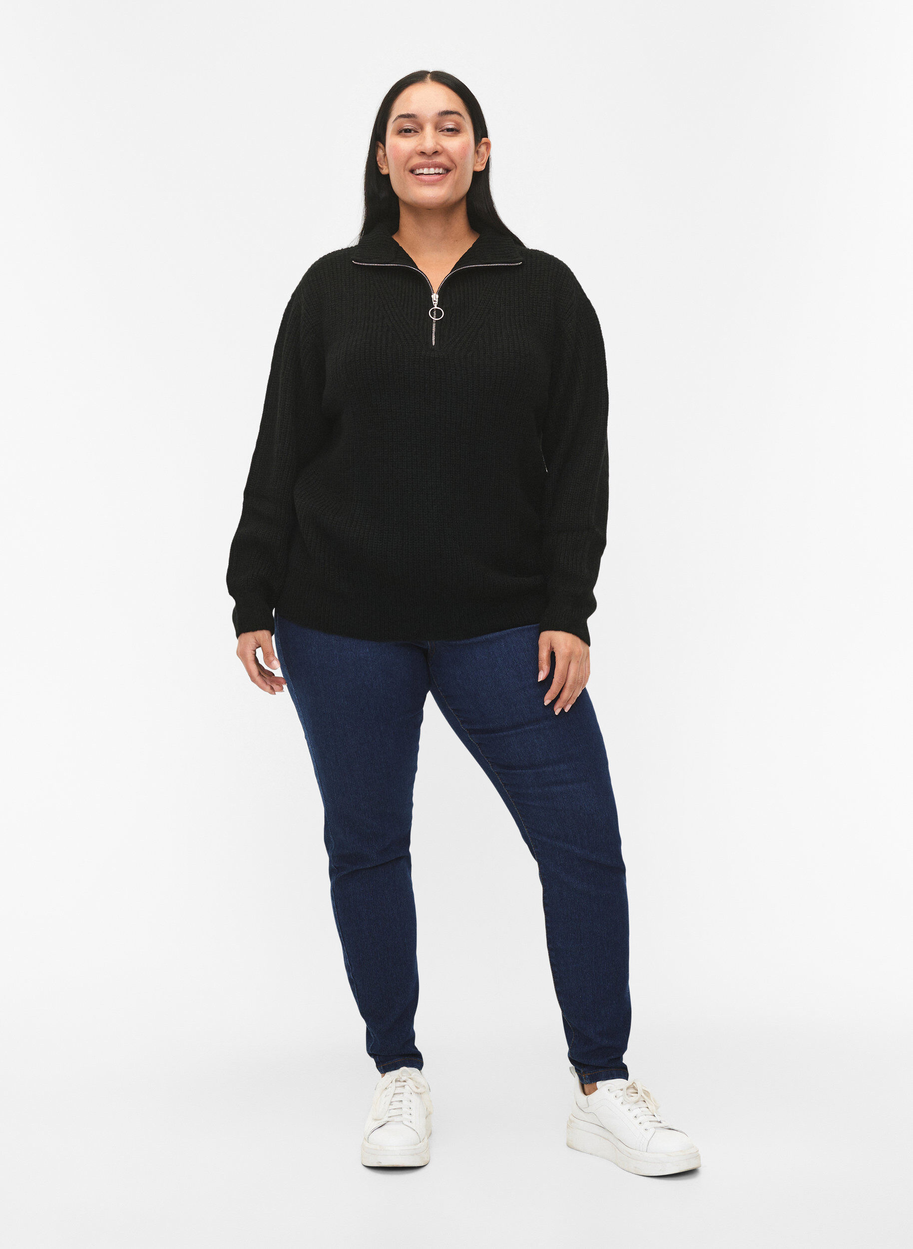 ZizziFLASH &ndash; Strickpullover mit hohem Kragen und Rei&szlig;verschluss, Schwarz, Model image number 1