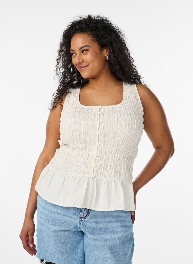 &Auml;rmelloses Top aus Baumwolle und Leinen mit Smock, Vanille, Model image number 0